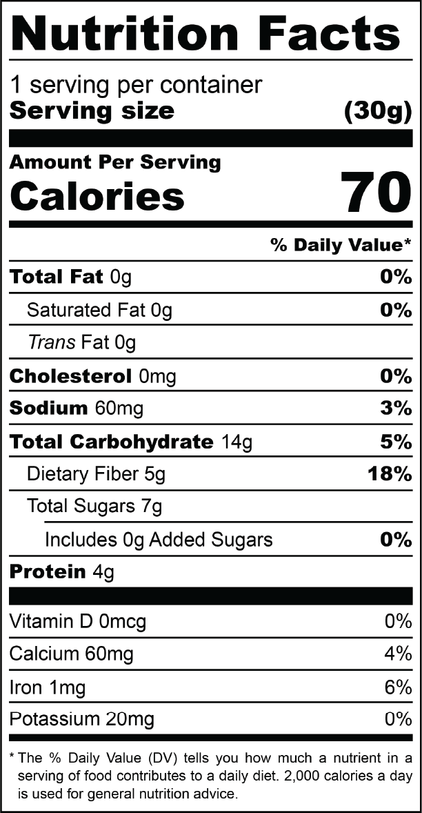 Nutrition Facts label for one 30g serving. Full nutritional breakdown is listed in the product description below