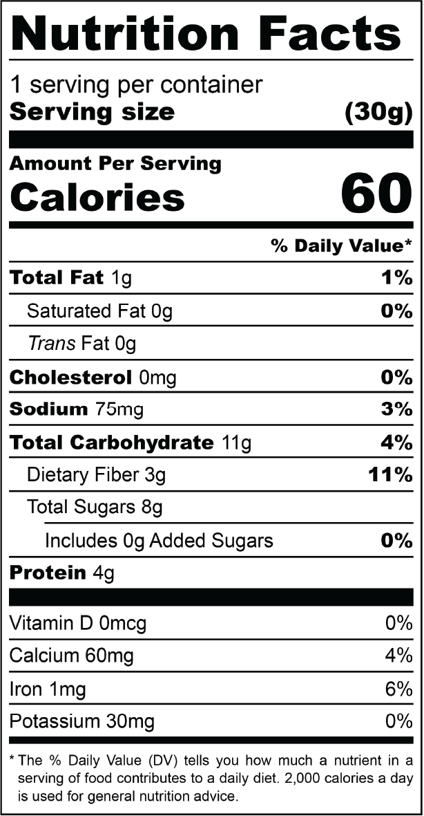 Nutrition Facts label for one 30g serving. Full nutritional breakdown is listed in the product description below