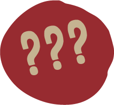 Red organic circle graphic featuring three beige question marks.