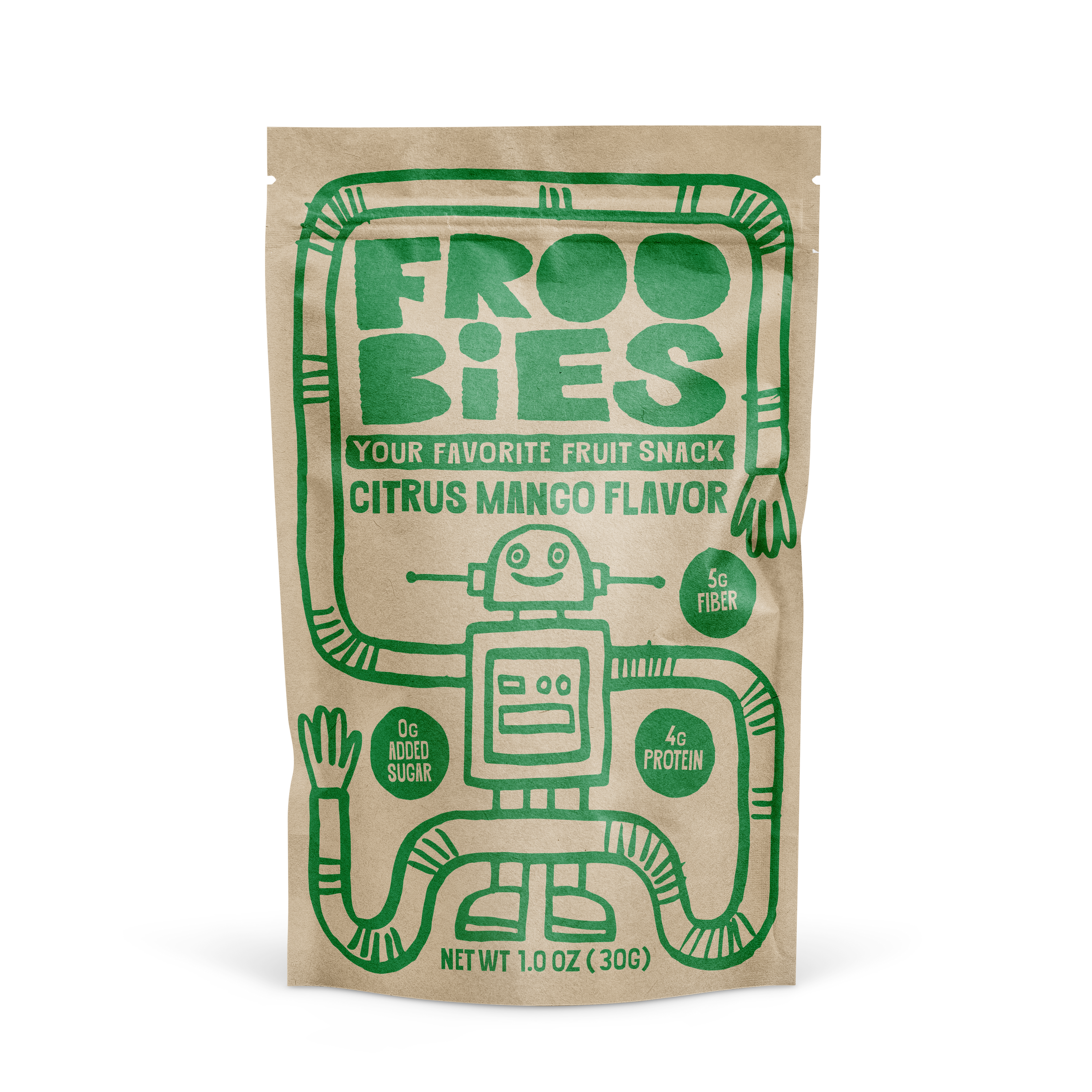 Froobies Citrus Mango fruit snacks pouch featuring a green robot illustration. Packaging highlights 4g protein, 5g fiber, and 0g added sugar.