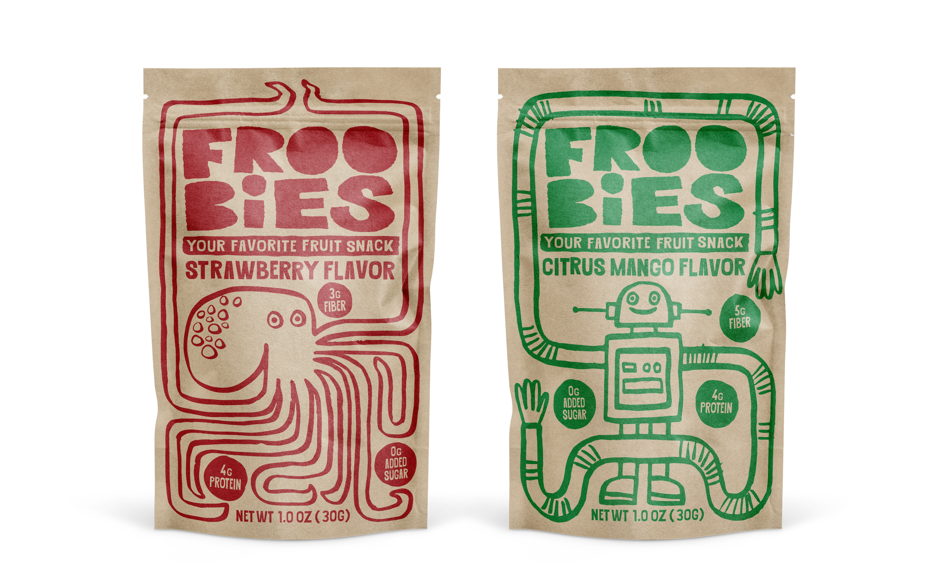 Two Froobies fruit snack pouches side-by-side: Strawberry flavor featuring a red octopus and Citrus Mango flavor featuring a green robot. Both packages highlight 4g protein and 0g added sugar, with Strawberry listing 3g fiber and Citrus Mango listing 5g fiber.