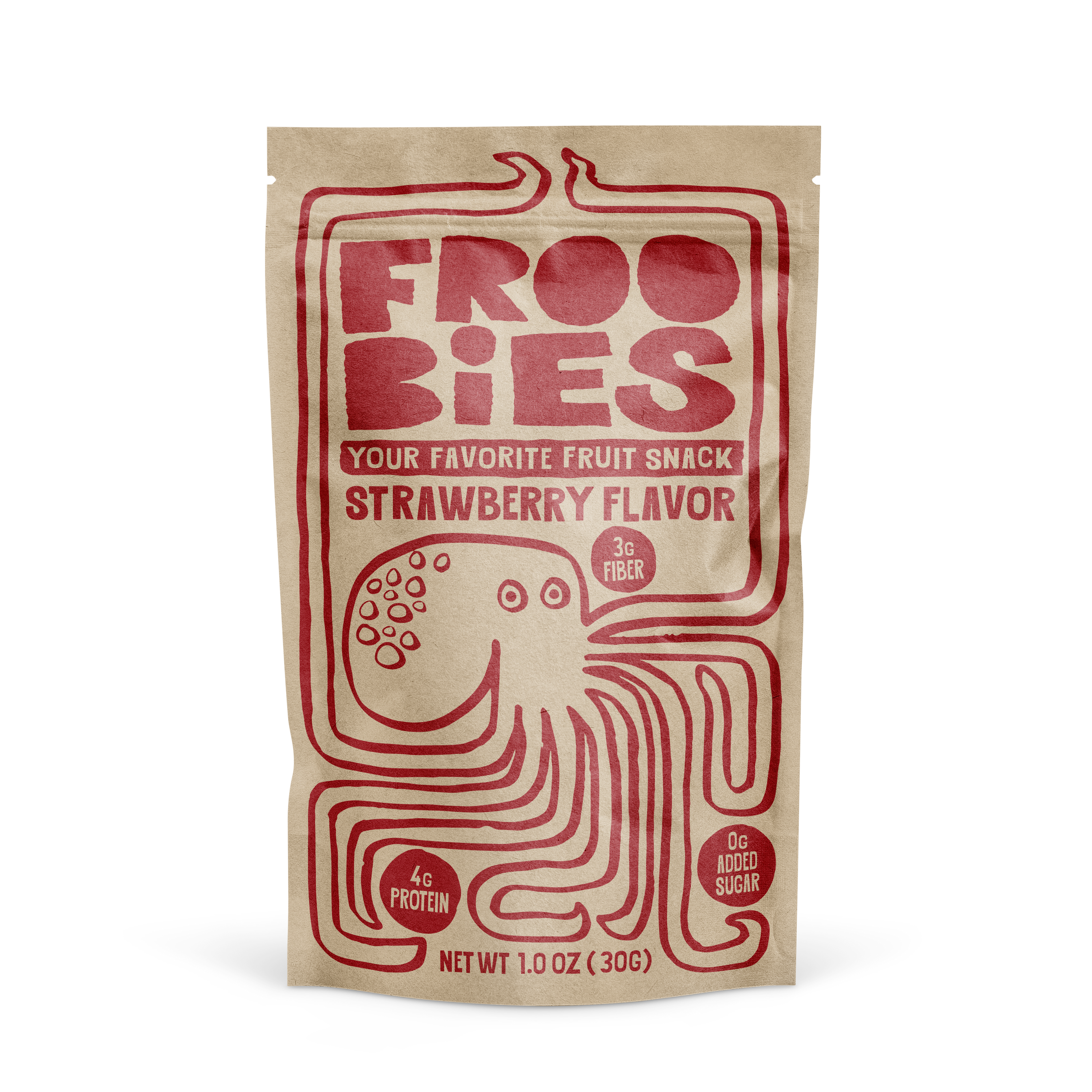Froobies Strawberry fruit snacks pouch featuring a red octopus illustration. Packaging highlights 4g protein, 3g fiber, and 0g added sugar.